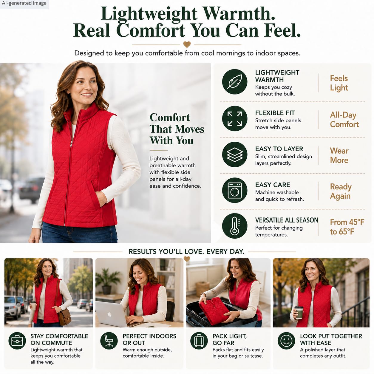 Bienzoe Gilet matelassé décontracté pour femme : veste légère et pliable sans manches, Rouge, 3X-Large