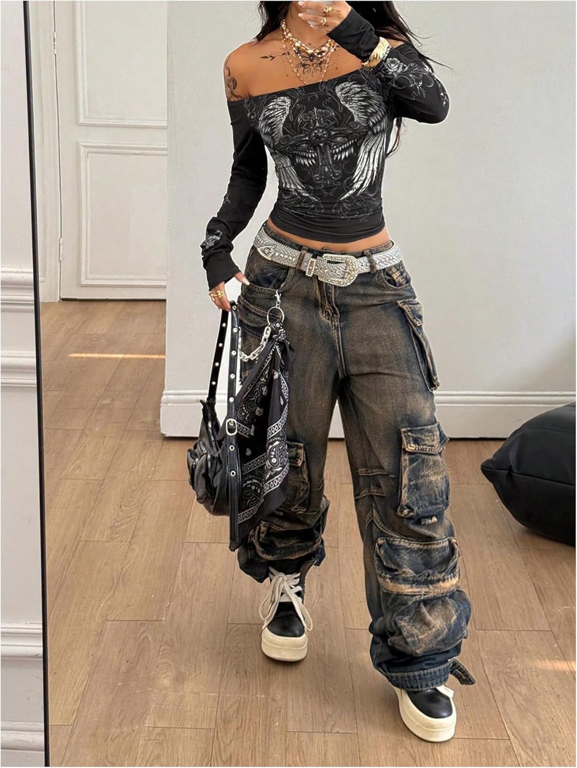 SweatyRocks Women's Gothic Cross Wing Graphic T Shirts Off Shoulder Long Sleeve Fitted Tees Streetwear - Image 5