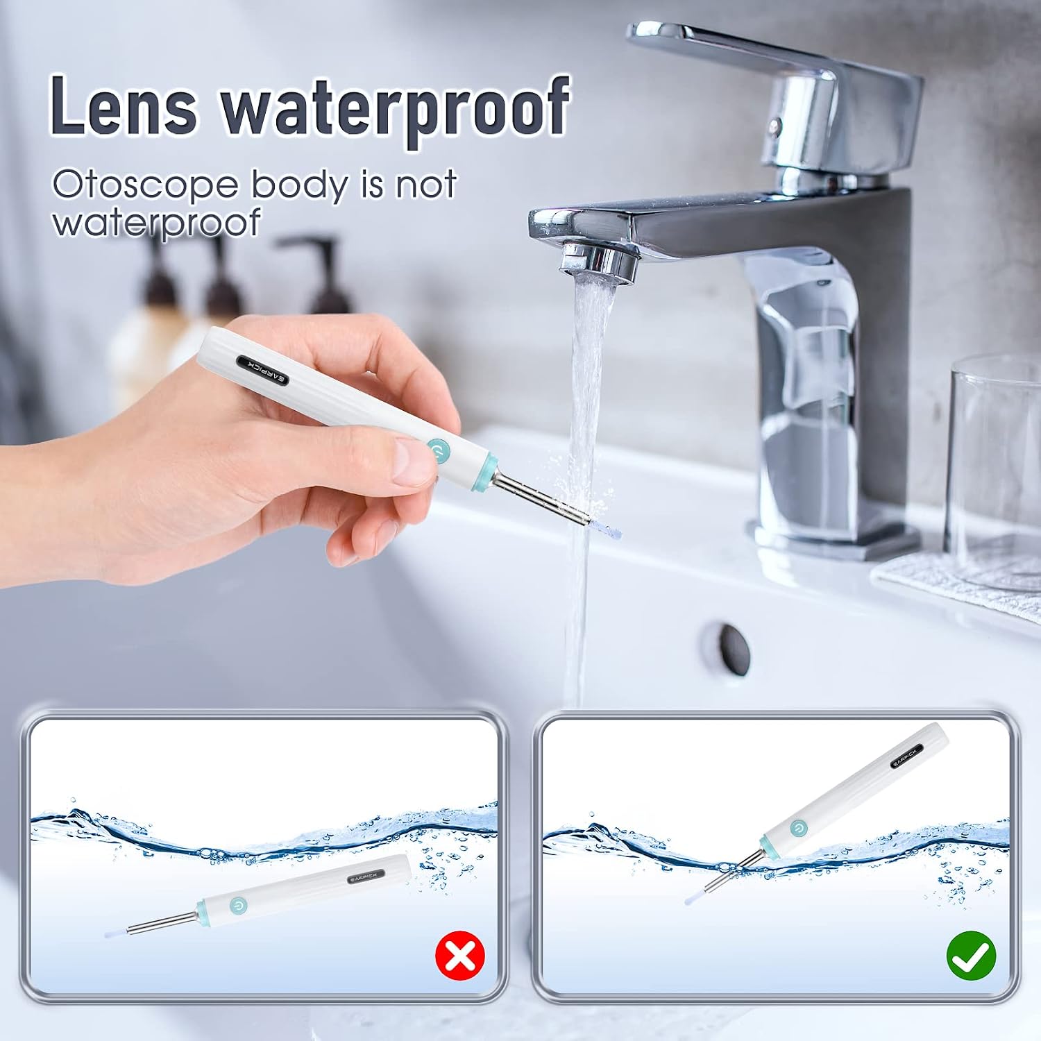 Image showing the otoscope lens being cleaned under running water, with a warning not to submerge the entire device