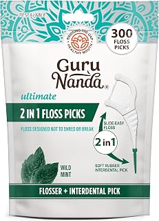 GuruNanda 2-in-1 Mint Dental Floss Picks with Interdental Pick - Shred-Resistant, Non-Slip Grip, 300 Count for Easy Teeth Cleaning