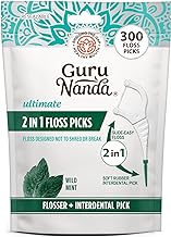 GuruNanda 2 in 1 Dental Floss Picks - Non-Slip Grip Handle, Slide Easy, No Break or Shred Flosser - Complete Oral Care with Interdental Pick for Healthy Teeth & Gums - Mint Flavor, 300 Count (1 Pack)