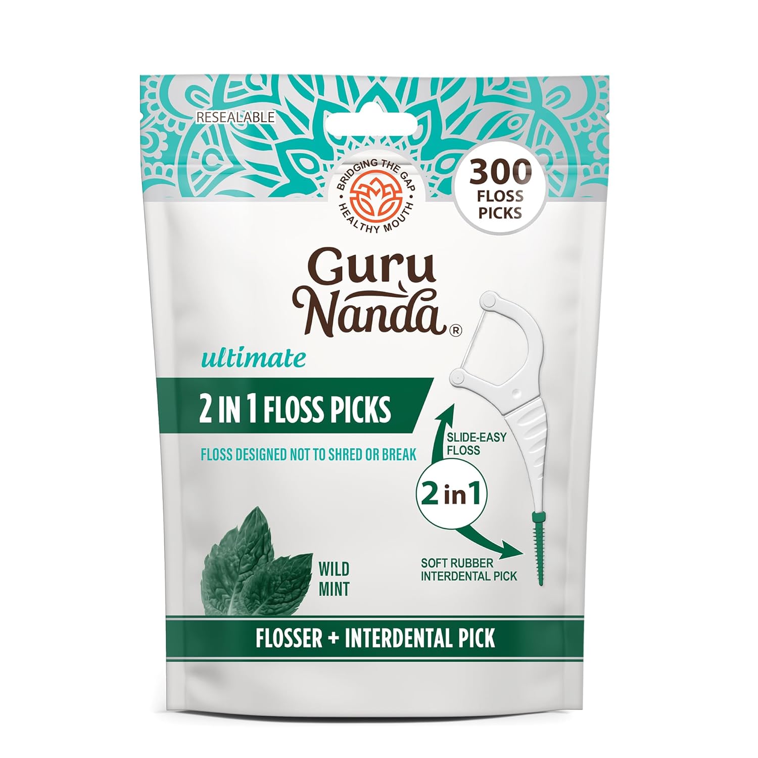 GuruNanda 2 in 1 Dental Floss Picks - Non-Slip Grip Handle Slide Easy No Break or Shred Flosser