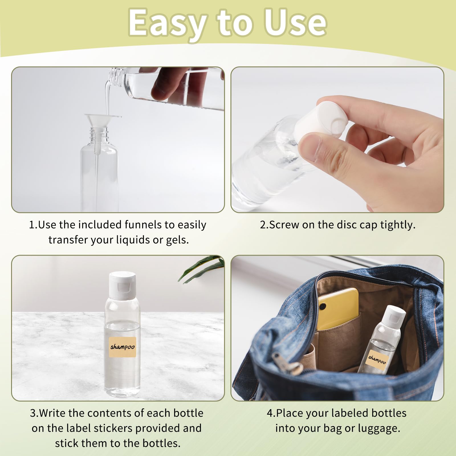 8Pcs Leak Proof Disc Cap Bottles, 100ml Reusable Travel Bottles, Air Flight Plastic Bottles - Image 4