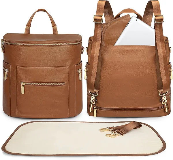 miss fong Diaper Bag Backpack Baby Diaper Bag, Large Leather Diaper Bag Backpack with Changing Pad, Stroller Straps, and 2 Insulated Pockets(Convertible, Brown)