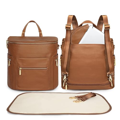 Leather Diaper Bag Backpack by Miss Fong, Diper bag with Changing Pad, Strap