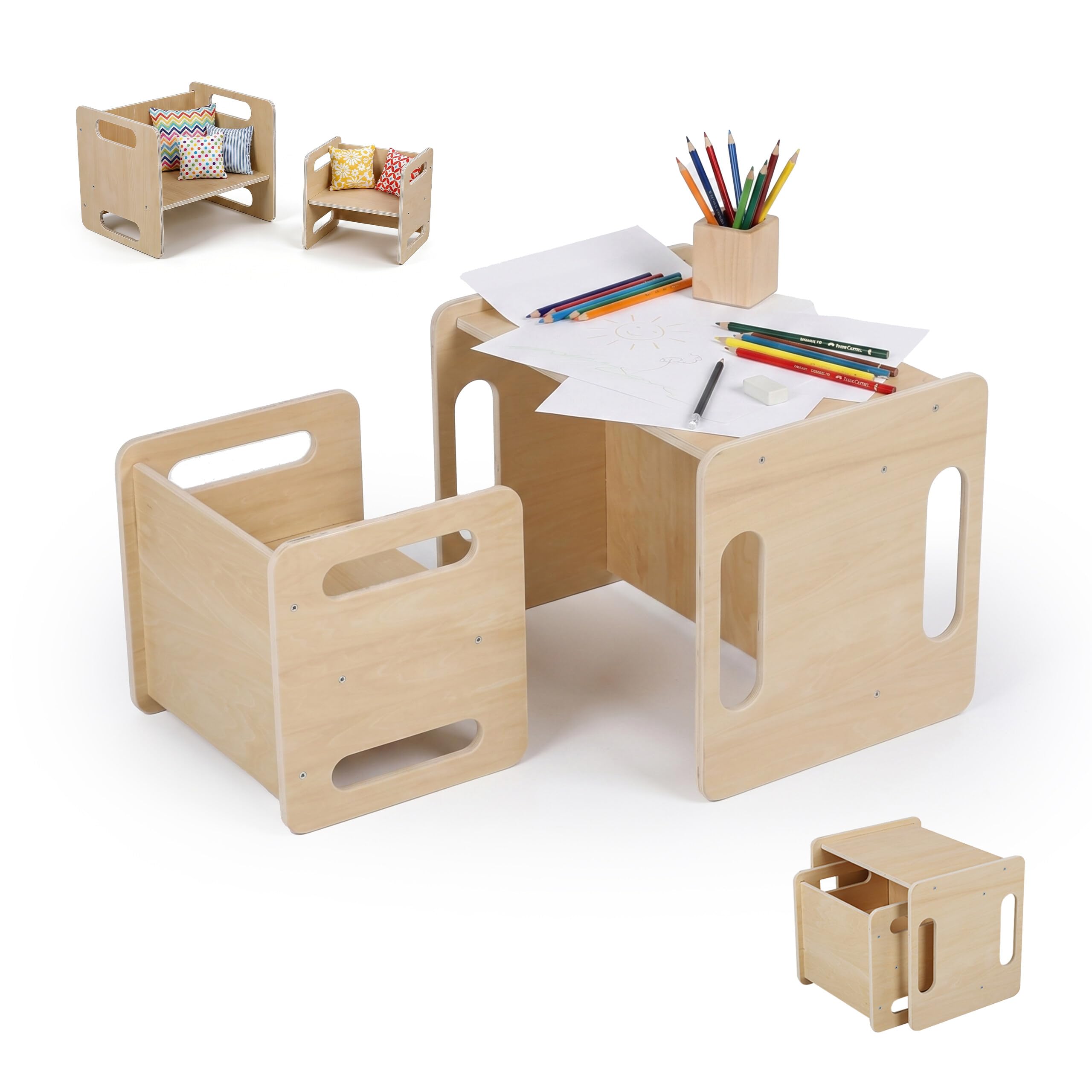 Relaxdays Ensemble 2 pièces pour Enfants, Table et Tabouret en Bois, Style Montessori, Chambre, Naturel