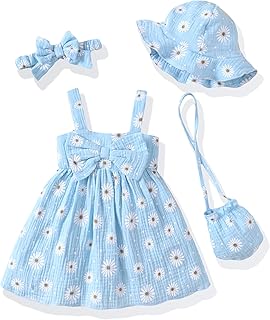 Toddler Girl Summer Dress Infant Baby Girl Casual Clothes Sleeveless Bowknot Beach Sundress with Hat - Buy now