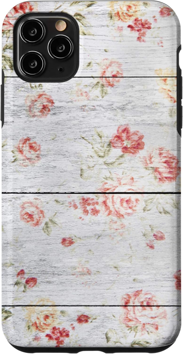 iPhone 11 Pro Max Pretty Floral Blush Pink Rose Woodgrain Shiplap Grey Wood Case