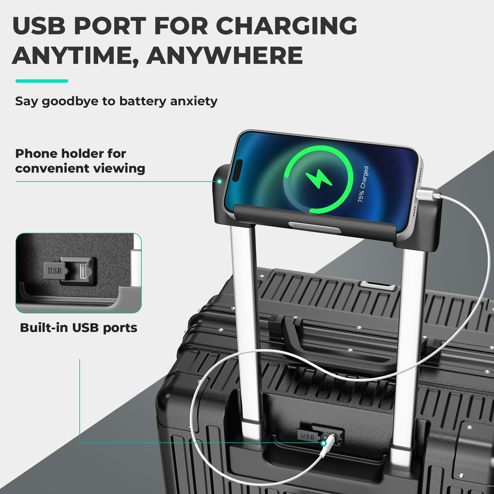 Equipaje de mano sin cremallera con portavasos y puertos USB duales, maleta rígida aprobada por aerolíneas, cerradura TSA, Negro, 24 Inch, Para llevar en casa