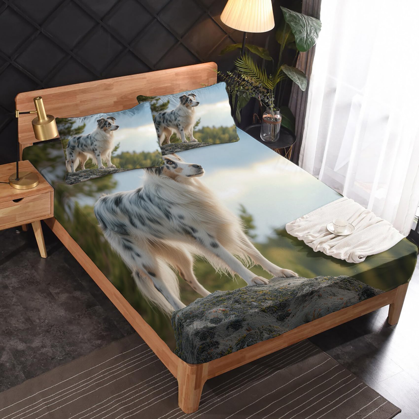 Zvynqour Dog Sheets California King Size - Puppy Bed Sheets - Deep Pocket Fitted Sheets & Flat Sheets & Pillowcases 4 Piece Set - Cute Animal Bedding & Decor - Soft Cosy Microfibe