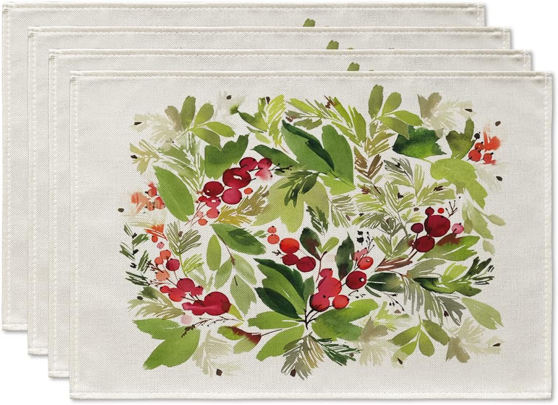 Artoid Mode Watercolor Holly Christmas Placemats Set of 4, 12x18 Inch Seasonal Winter Xmas Holiday Table Mats for Party Kitchen Dining DecorationOEKO-TEX STANDARD 100