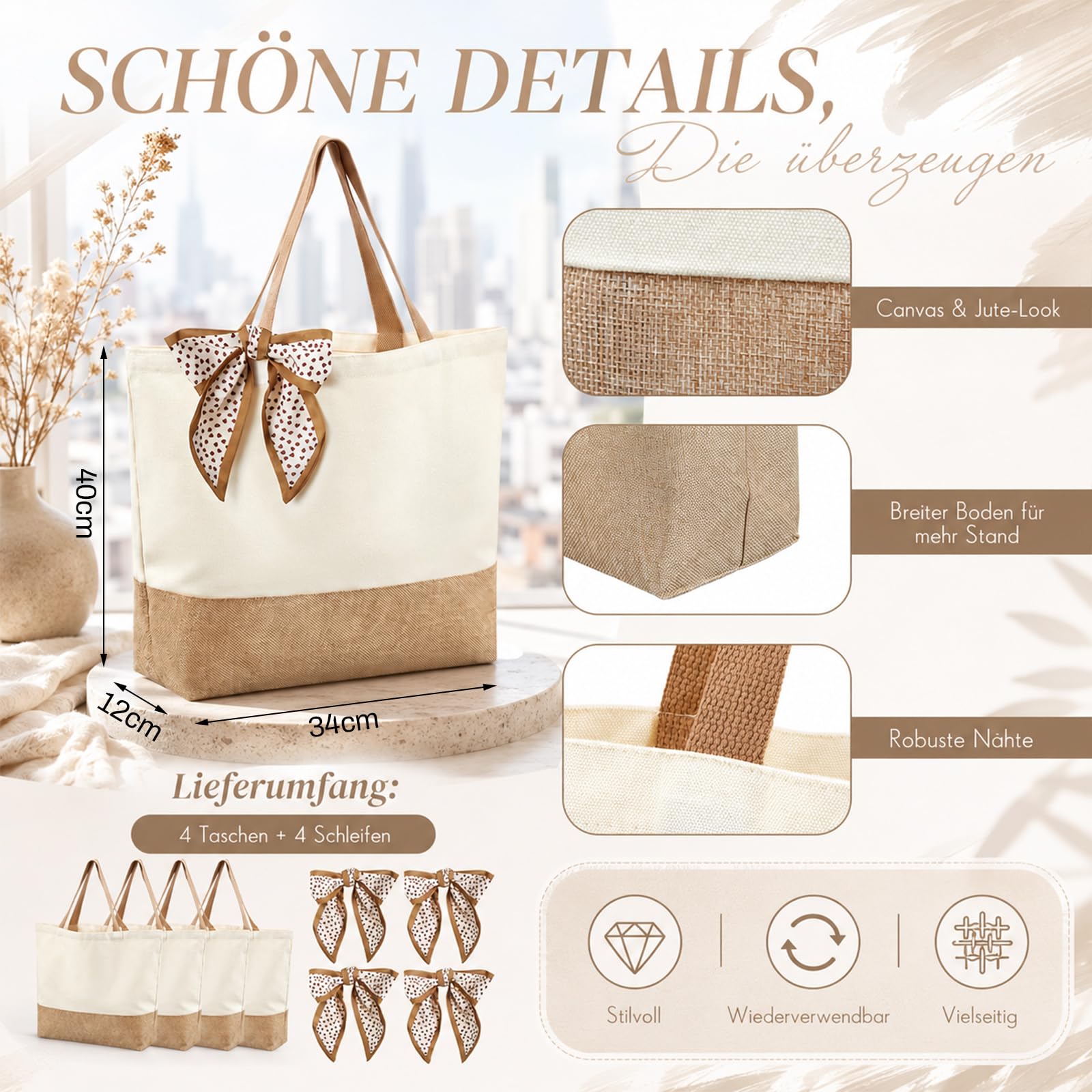 Xuniea 4 Set Borsa in Juta Borse Tote con Fiocco per Matrimonio Regalo per Damigella d'Onore in Cotone e Juta per Sposa, Team della Sposa, Addio al Nubilato