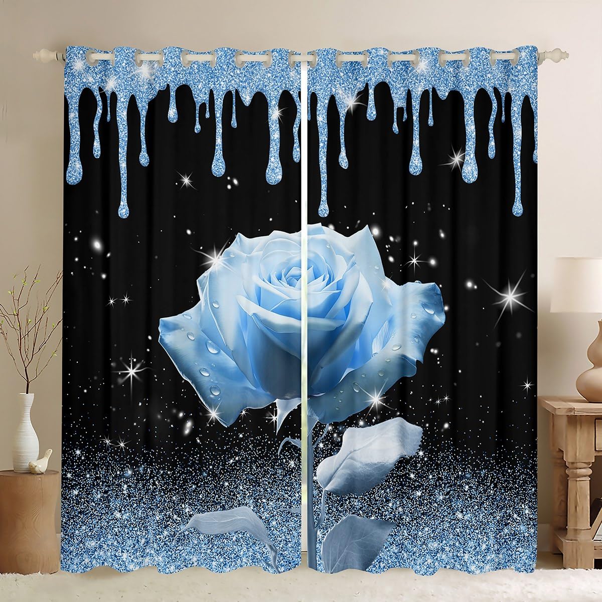 Manfei 3D Blue Rose Blackout Curtain Blue Glitter Print(No Glitter) Window Treatments