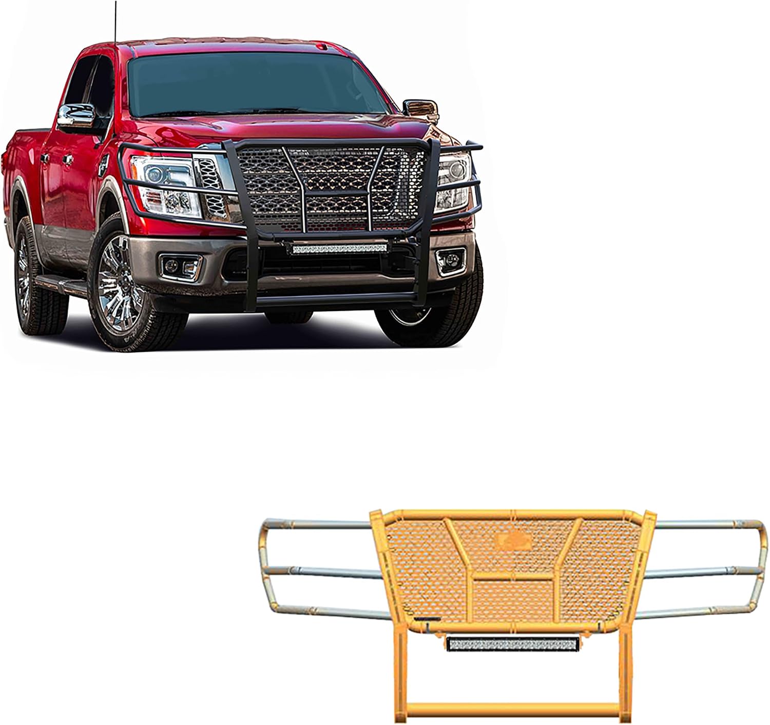 Black Horse RUGGED Heavy Duty Grille Brush Bumper Guard Modular Black Come with 20" Double Row LED Light Compatible with 2017-2024 Nissan Titan-RU-NITI17-B-K1