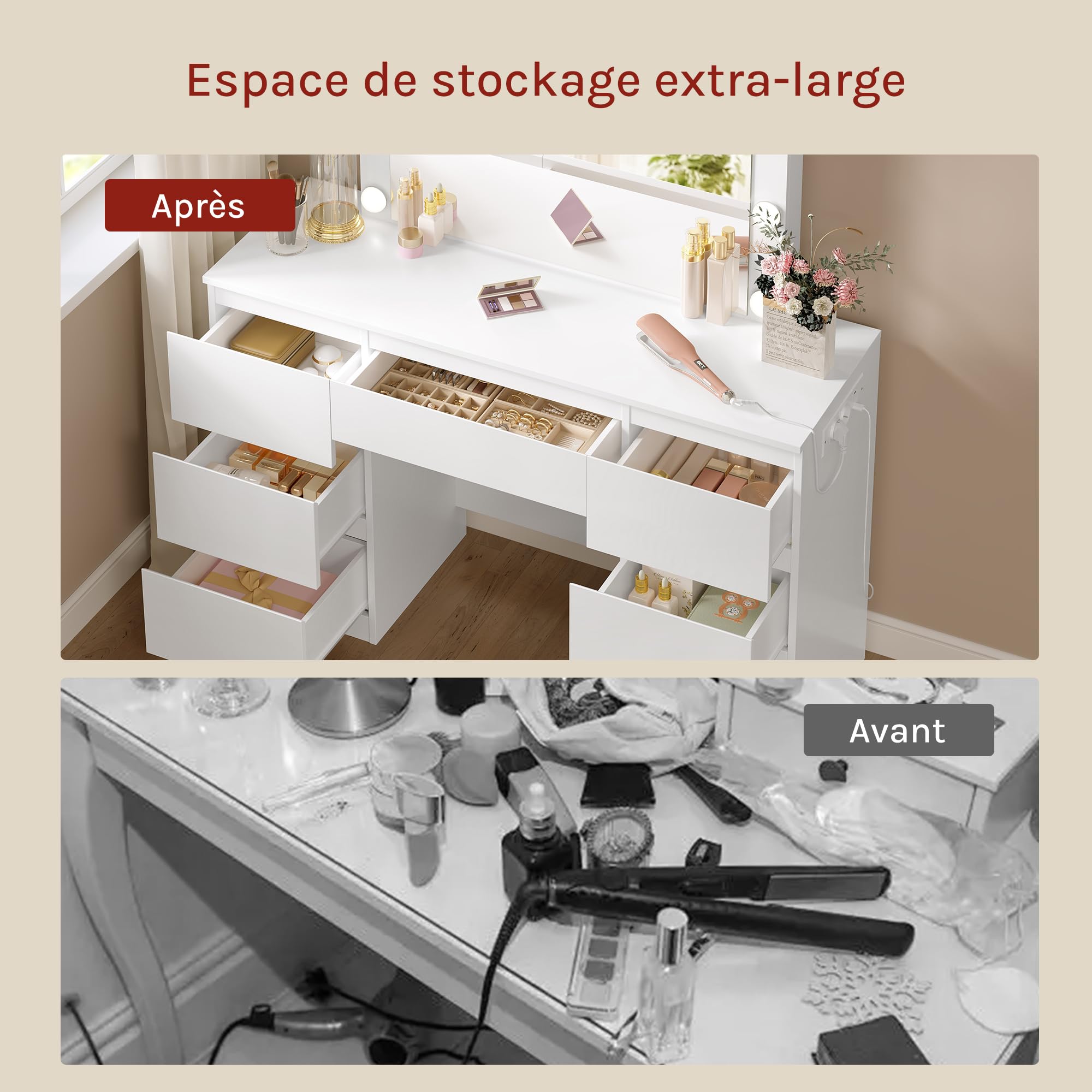 WOLTU Coiffeuse avec Miroir LED, Luminosité Réglable, Table de Maquillage avec Multiprise, 7 Tiroirs, 110x39,5x140,5 cm, Commode Chambre Blanc, MB6124ws