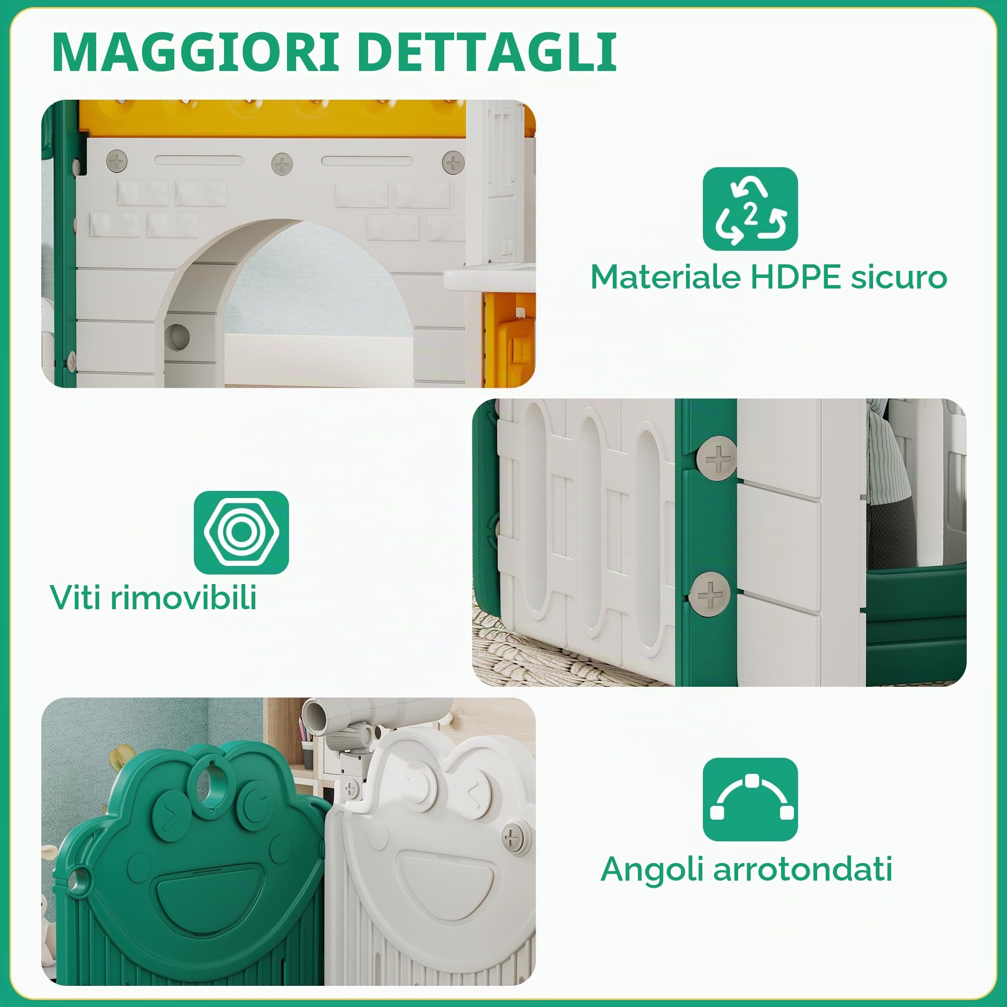Qaba Scivolo 7-in-1 con Casetta, Scivolo per Neonati 1-4 Anni Giallo | Set Arrampicata, Canestro da Basket, Tunnel