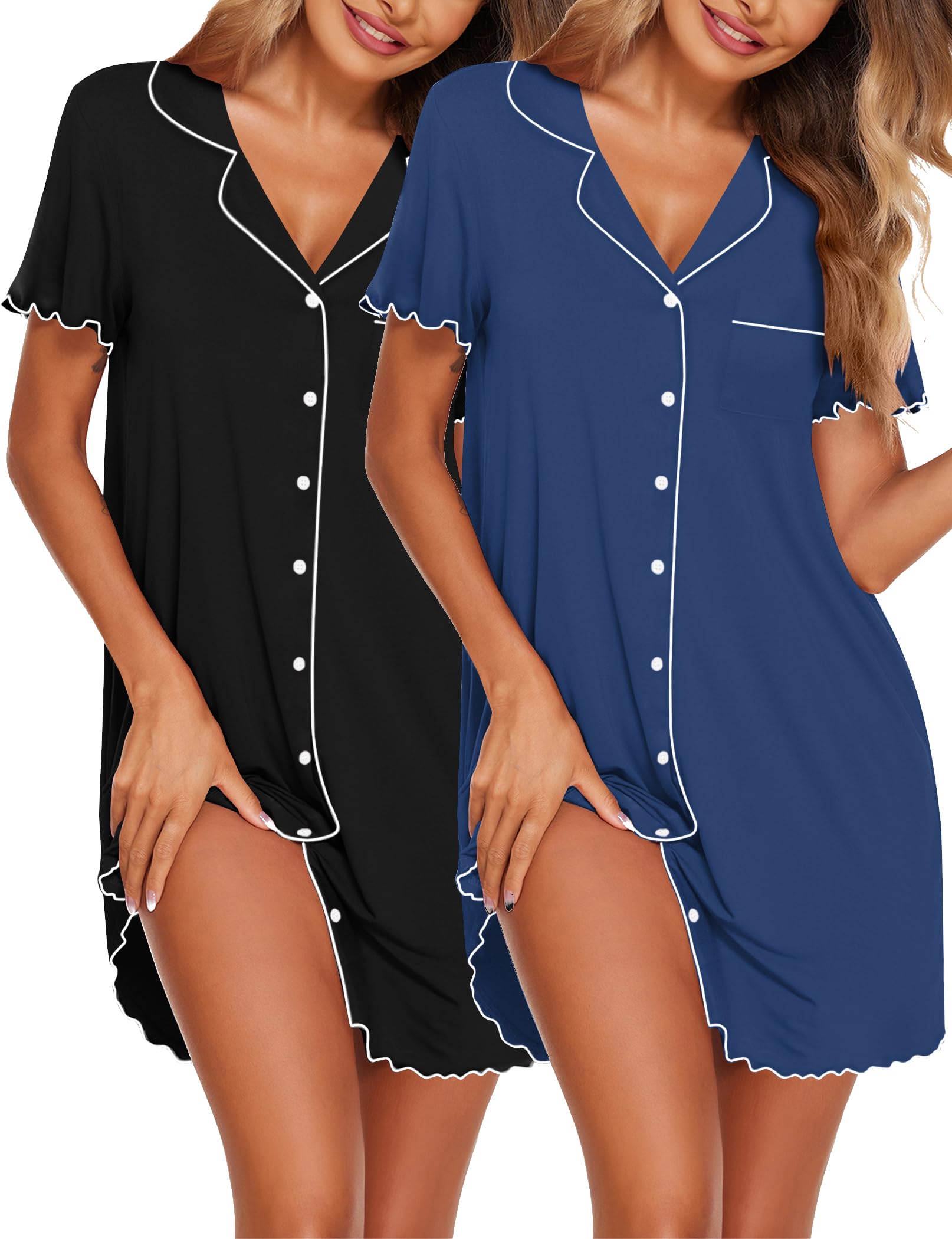 Ekouaer 2er Nachthemd Damen Kurzarm Sommer Schlafshirt V-Ausschnitt Stillnachthemd mit Knopfleiste Atmungsaktiv Sleepshirts Nachtwäsche mit Brusttasche Schwarz/Dunkelblau XL