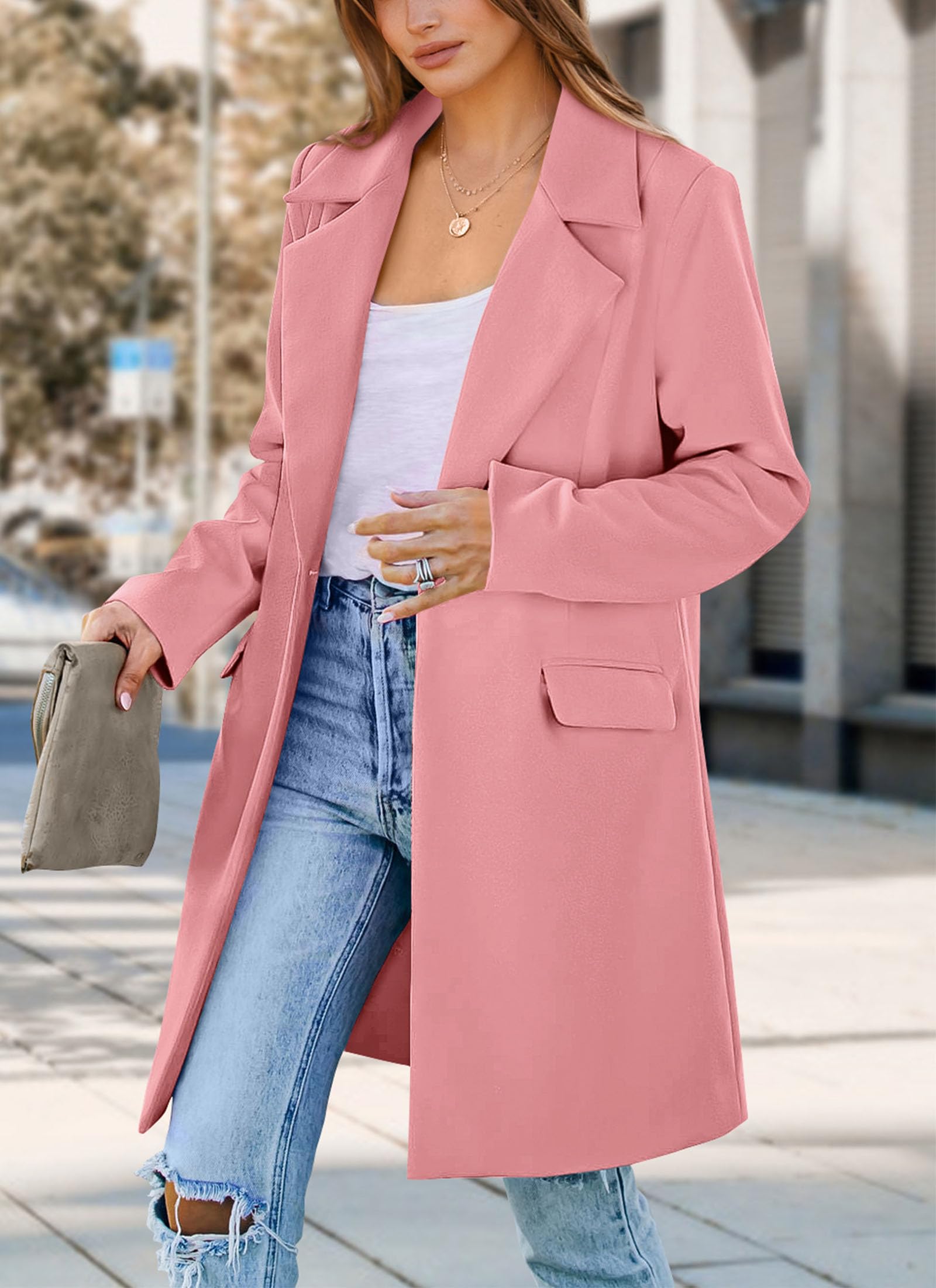 PRETTYGARDEN Women's Business Casual Long Blazer Jackets(Dusty Pink,M) view 3