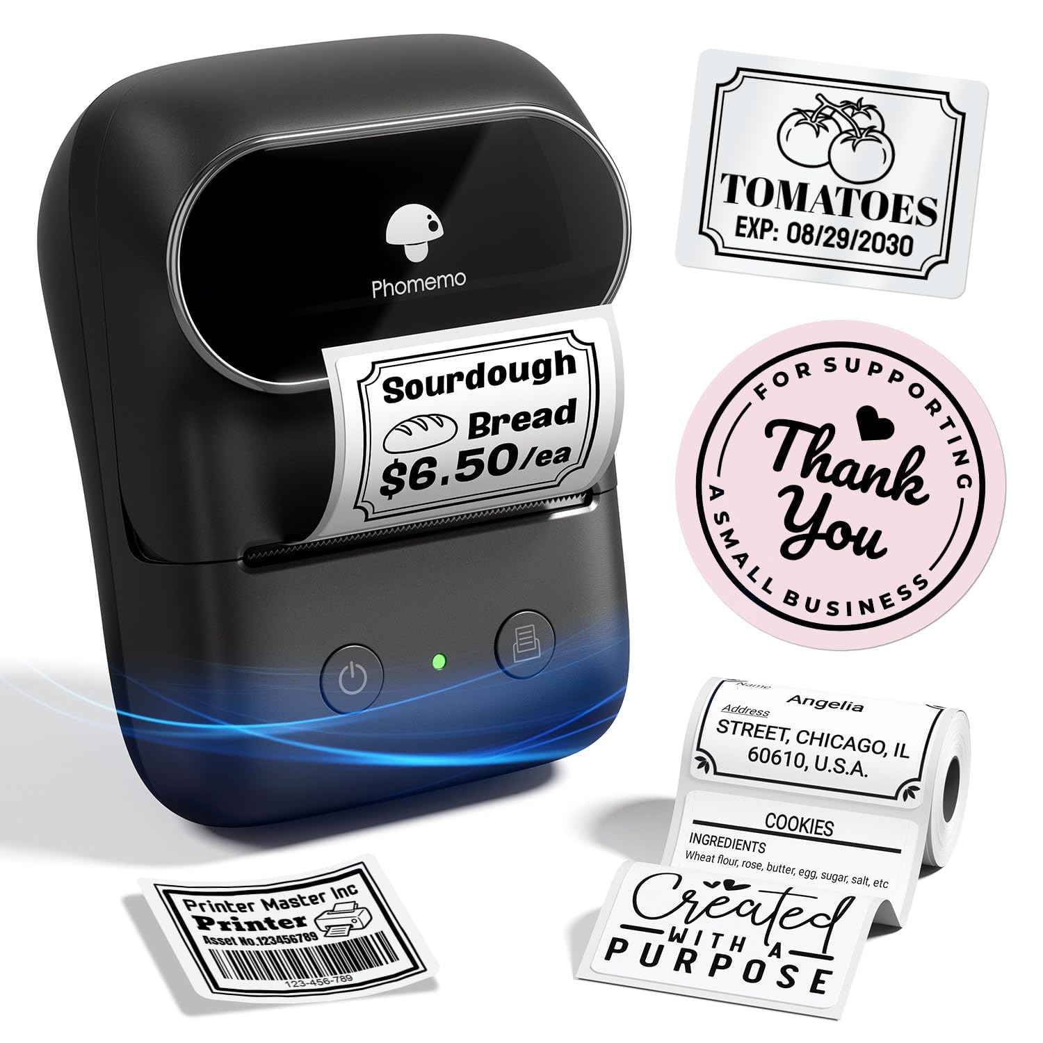 Phomemo M108 Label Maker Machine, Bluetooth Label Printer for Small Business, Home, Office, 2 Inch Barcode Label Printer with 300+ Templates, Address Label Printer for Address, Logo, Clothing, Black