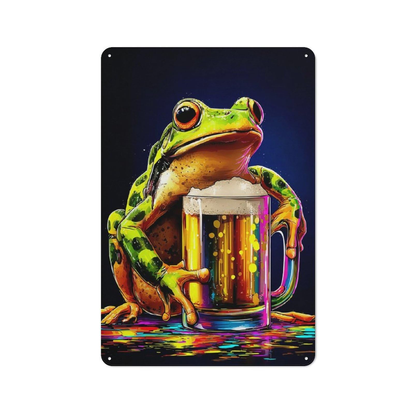 Junmoney Frog With Beer Mug Retro Metal Plaque 30X20cm For Living Room Or Hallway, For An Autumn Wall Display In Living Room And Hallway