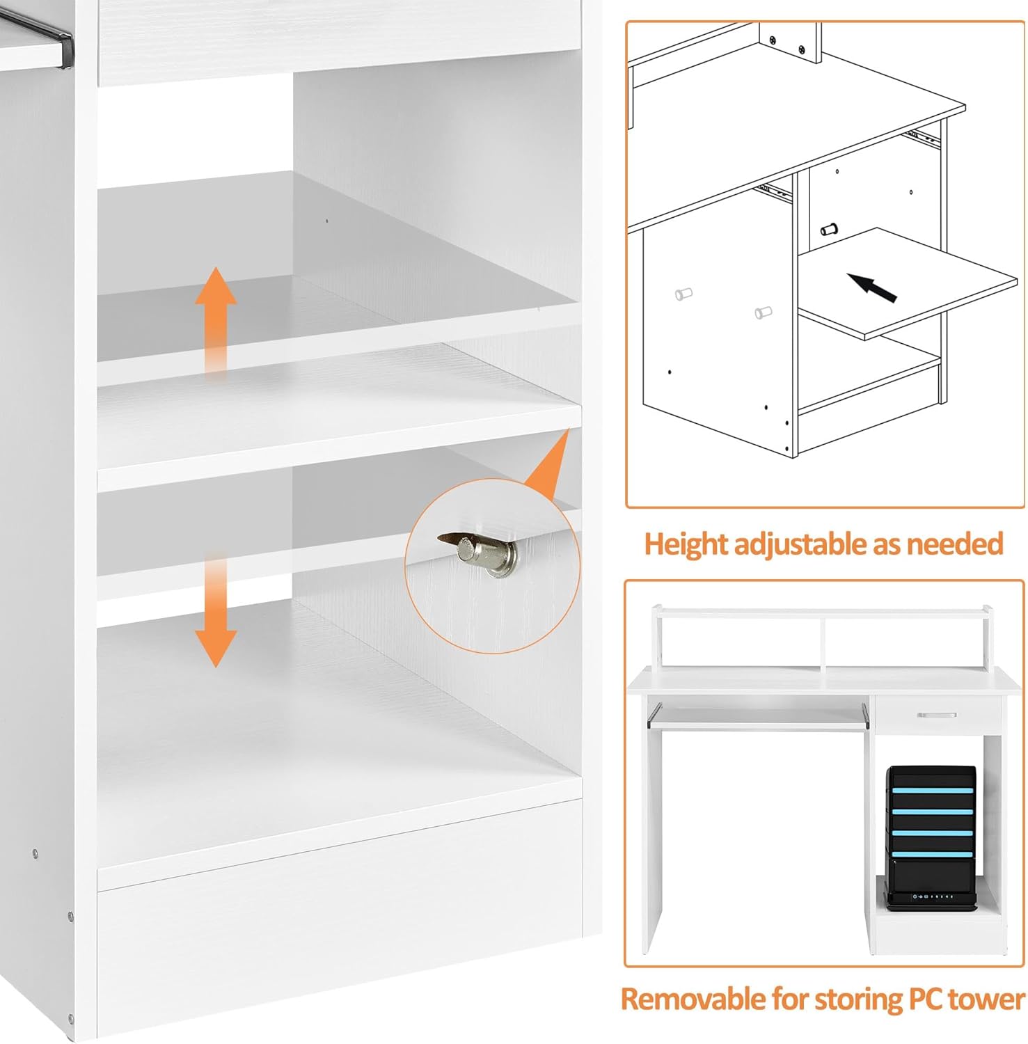 Desk's adjustable shelf for PC tower storage