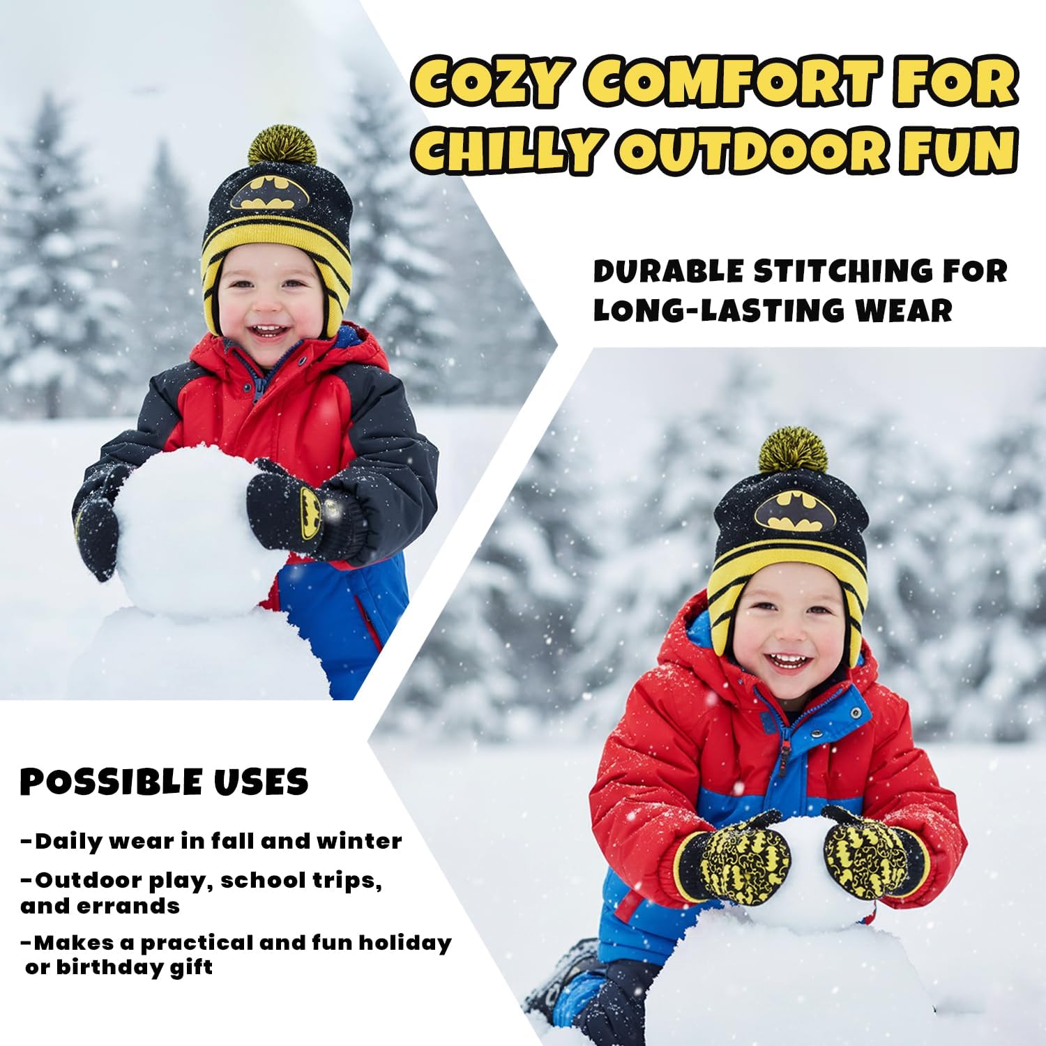 DC Comics Boys Batman Winter Hat 2 Pair Gloves or Mittens Set (Toddler/Little Boys) - Image 5