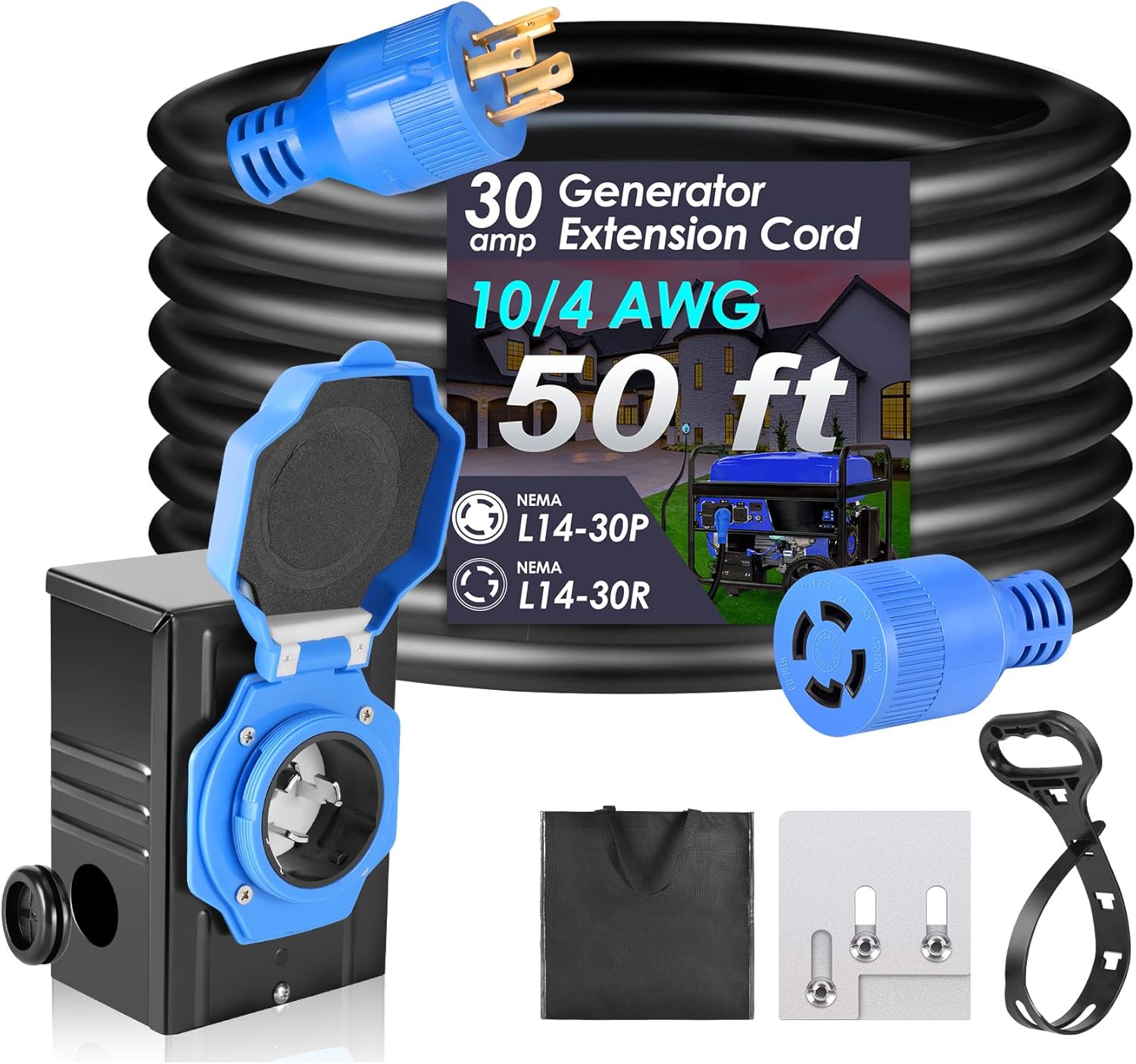Seeutek 30 Amp Generator Cord, 4 Prong 50 FT Generator Extension Cord with Pre-drilled Power Inlet Box & Interlock Kit, NEMA L14-30P/L14-30R Functional Cable, High Conductivity, ETL Listed