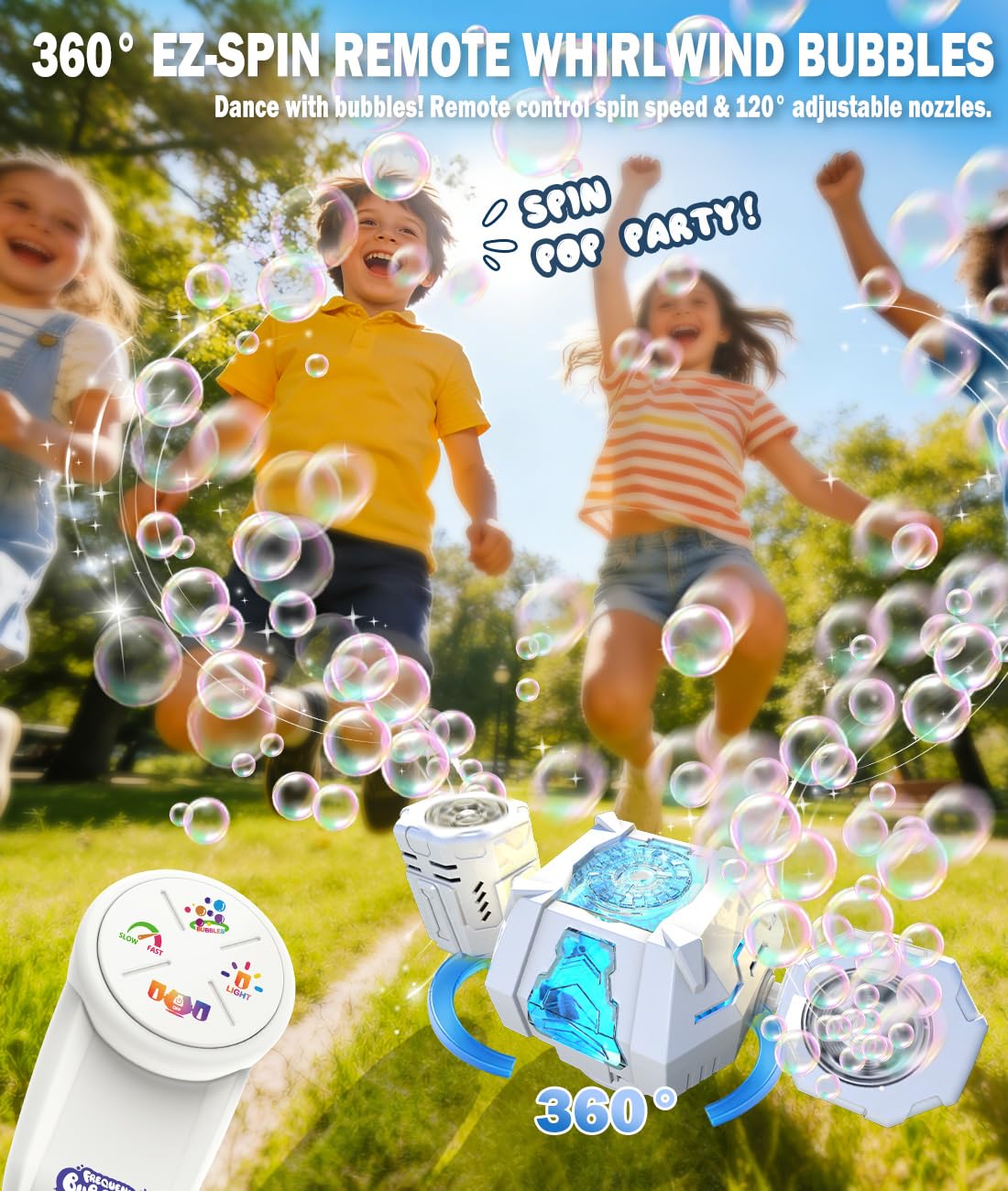 Wiederaufladbare Seifenblasenmaschine – Automatische 360° Drehung, Fernbedienung, 60° verstellbare Düse, 7-farbige RGB-Lichter, USB-C-Ladung – Geschenkspielzeug für Kinder, Kleinkinder, Jungen