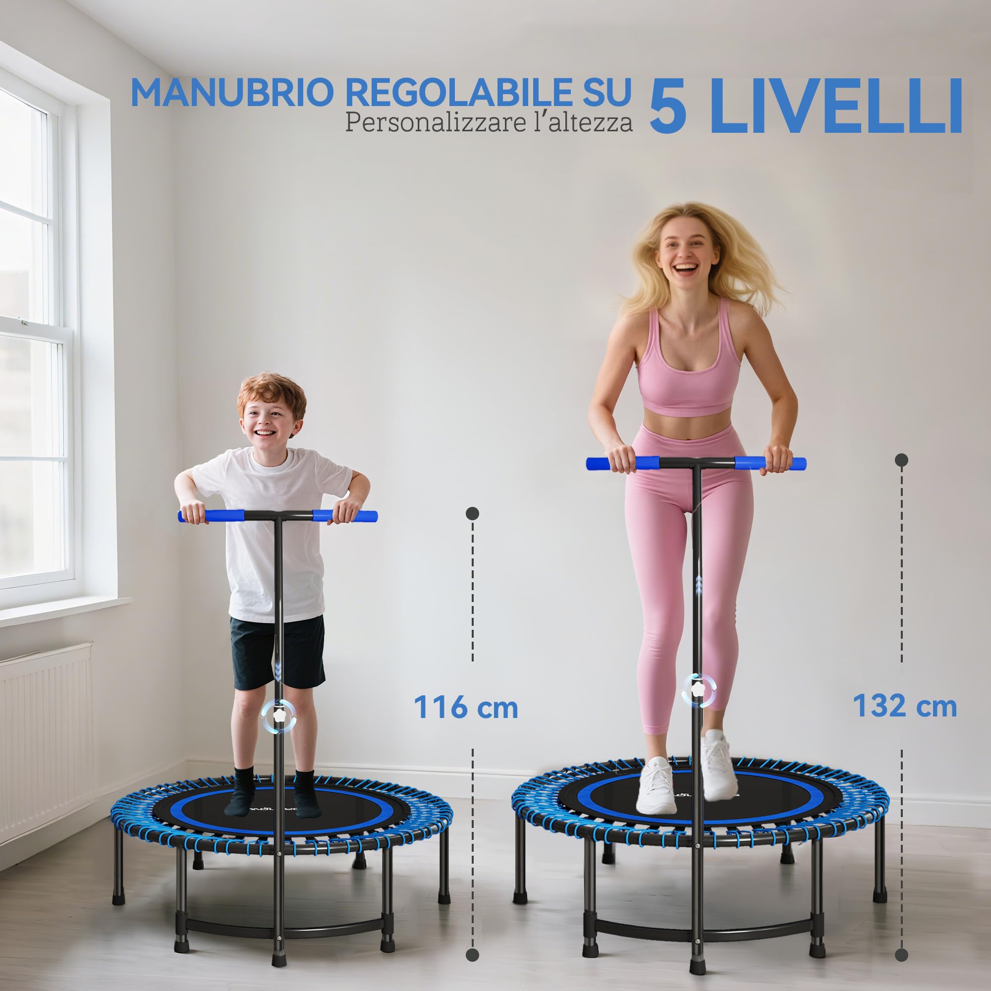 SPORTNOW Trampolino Fitness Ø114 cm con Maniglia Regolabile su 5 Posizioni, Trampolino Elastico Capacità 200 kg, 36 Molle Bungee, Tappeto Elastico Per Adulti per Allenamento a Casa, Blu