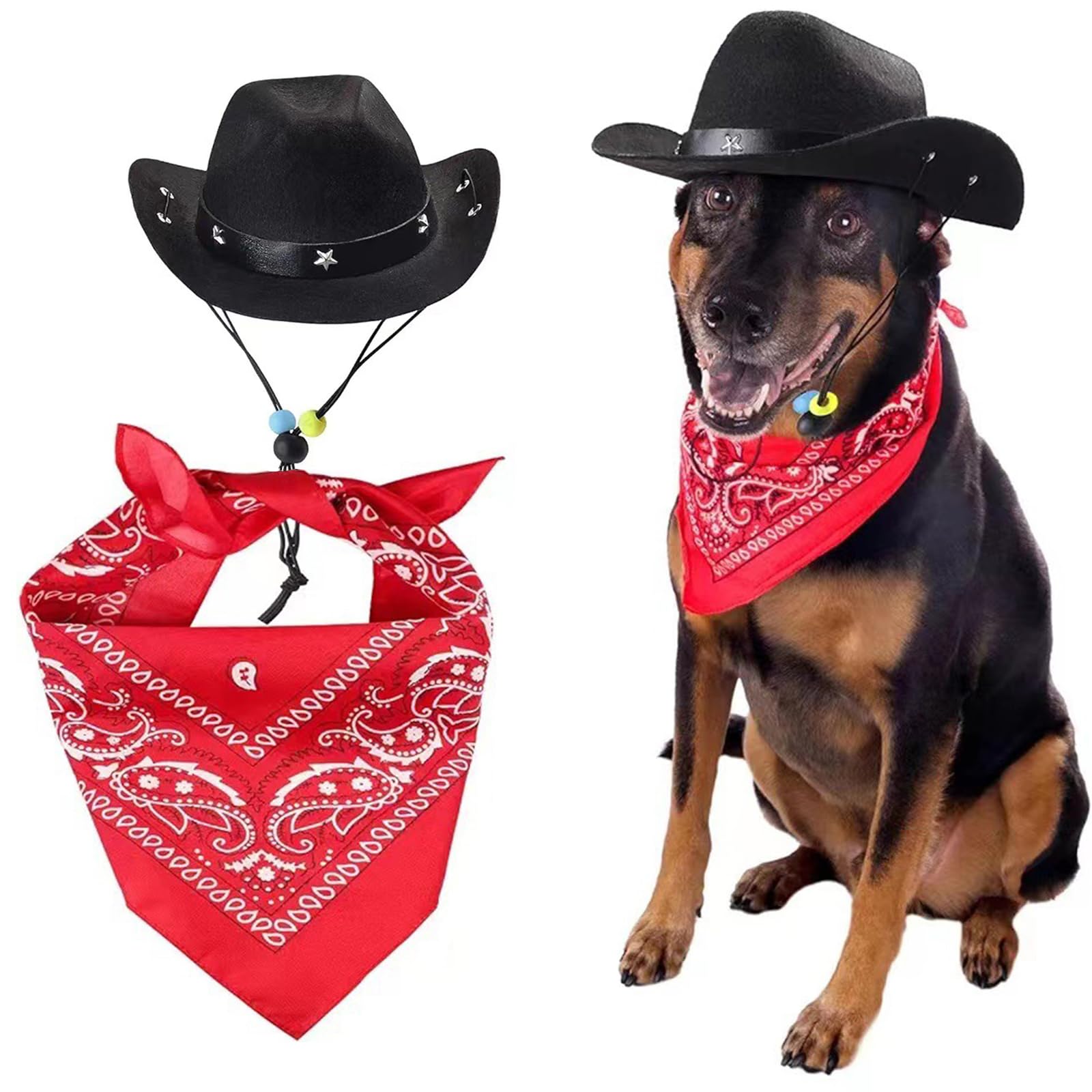 Ling & Bai 2Pcs Dog Cowboy Hat Costume Pet Cap and Bandana Scarf Cosplay West Decoration Accessories for Party Halloween Festival (Black)