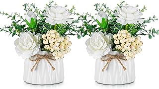 BLOSMON Artificial Flowers in Pot Decoration: Pack of 2 Mini White Artificial Roses Artificial Flowers with Vase for Table Decoration Living Room Home Decoration Fake Flower Plants Bedroom Wedding