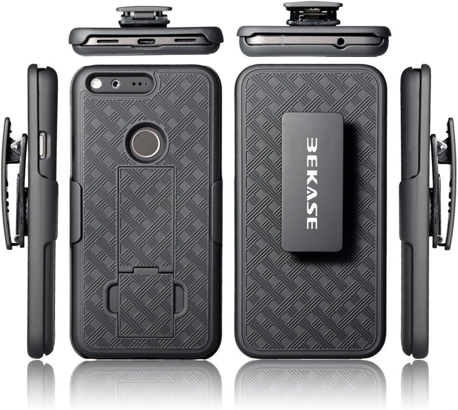 Google Pixel Case, BEKASE (TM) Hard Shell Holster Combo Matte Finish Protective Slim Case for Google Pixel with Kickstand & Locking Belt Swivel Clip (Black)