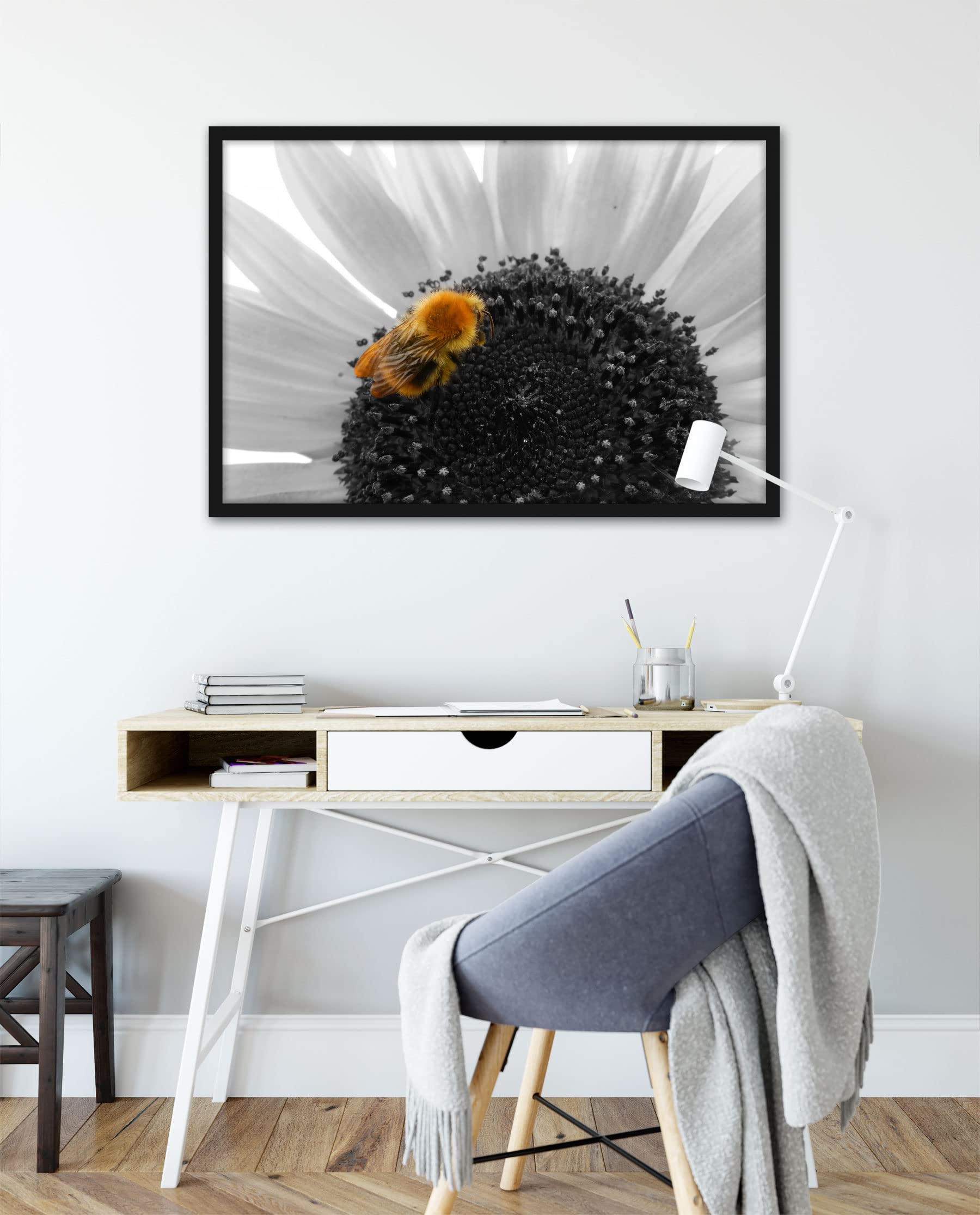 Graziosa ape su grande girasole, poster in cornice, formato: 80 x 60 cm, stampa artistica incorniciata