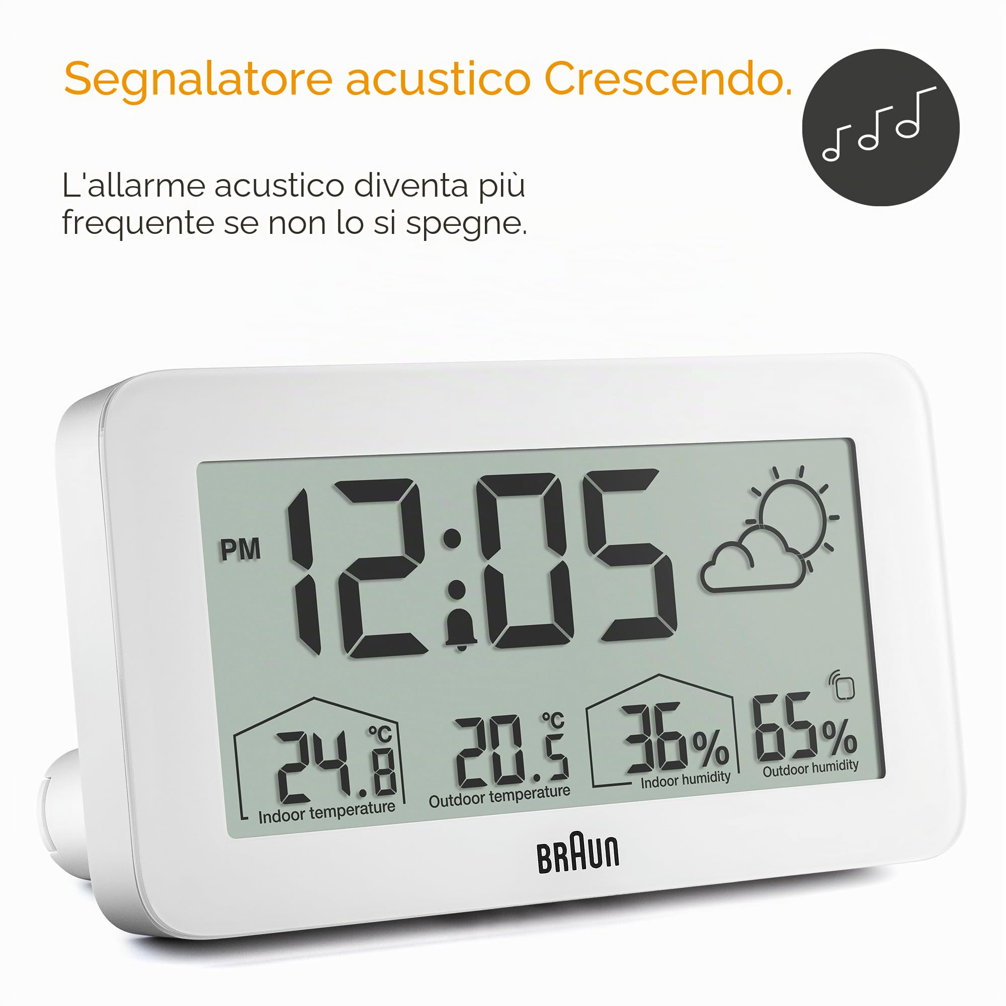 Braun Orologio digitale con stazione meteorologica temperatura e umidità interna ed esterna, previsioni, display LCD, impostazione rapida, allarme sonoro in crescendo, bianco, modello BC13WP.