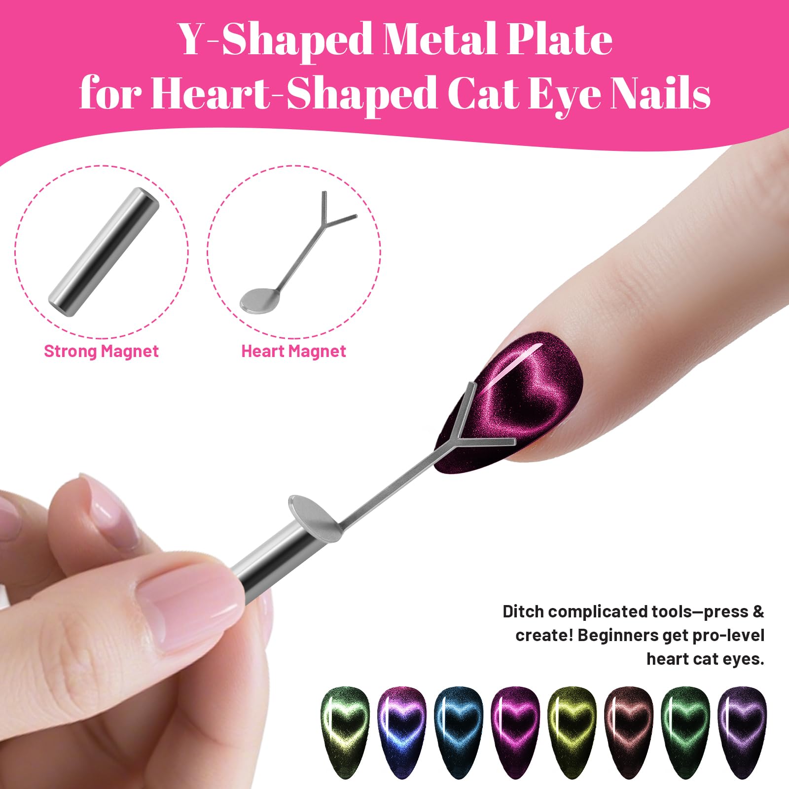 Juego de 3 imanes para arte de uñas, color rosa 6 en 1, forma de Y, doble cabeza y corazón, herramienta magnética para diseños de manicura de gel en salón y hogar 3