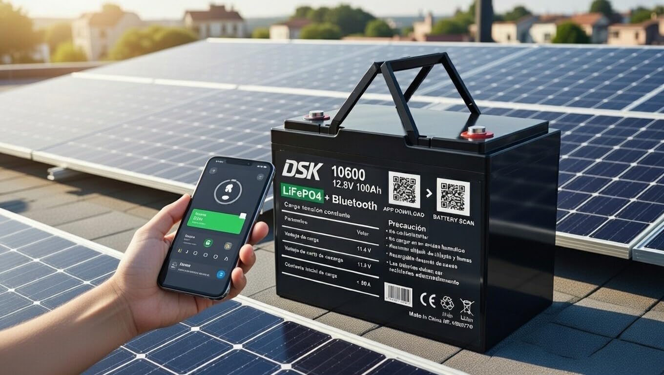 DSK Batería LiFePO4 12V 100Ah con Bluetooth, BMS, pantalla LCD, protección baja temperatura, batería litio 1280 Wh para autocaravana, energía solar, camper, barco, SAI y energía renovable premium