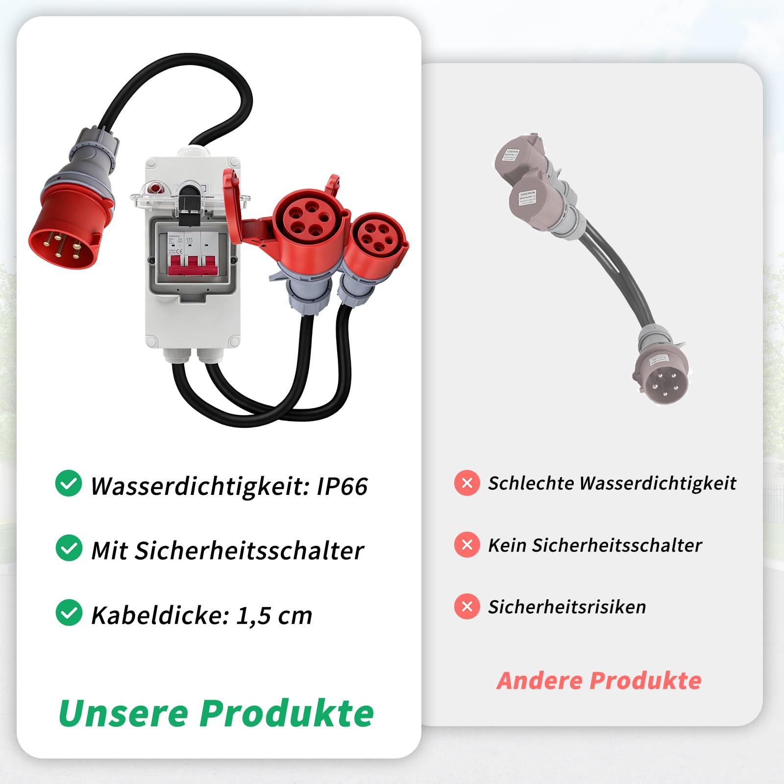 CEE Adapter 32A auf 16A, CEE Stecker Starkstromkabel Verlängerungskabel 220V-380V, IP44-66 Starkstrom Verteiler mit RCD Leitungsschutzschalter, 5 Pin Steckdose für Werkstatt, Baustelle