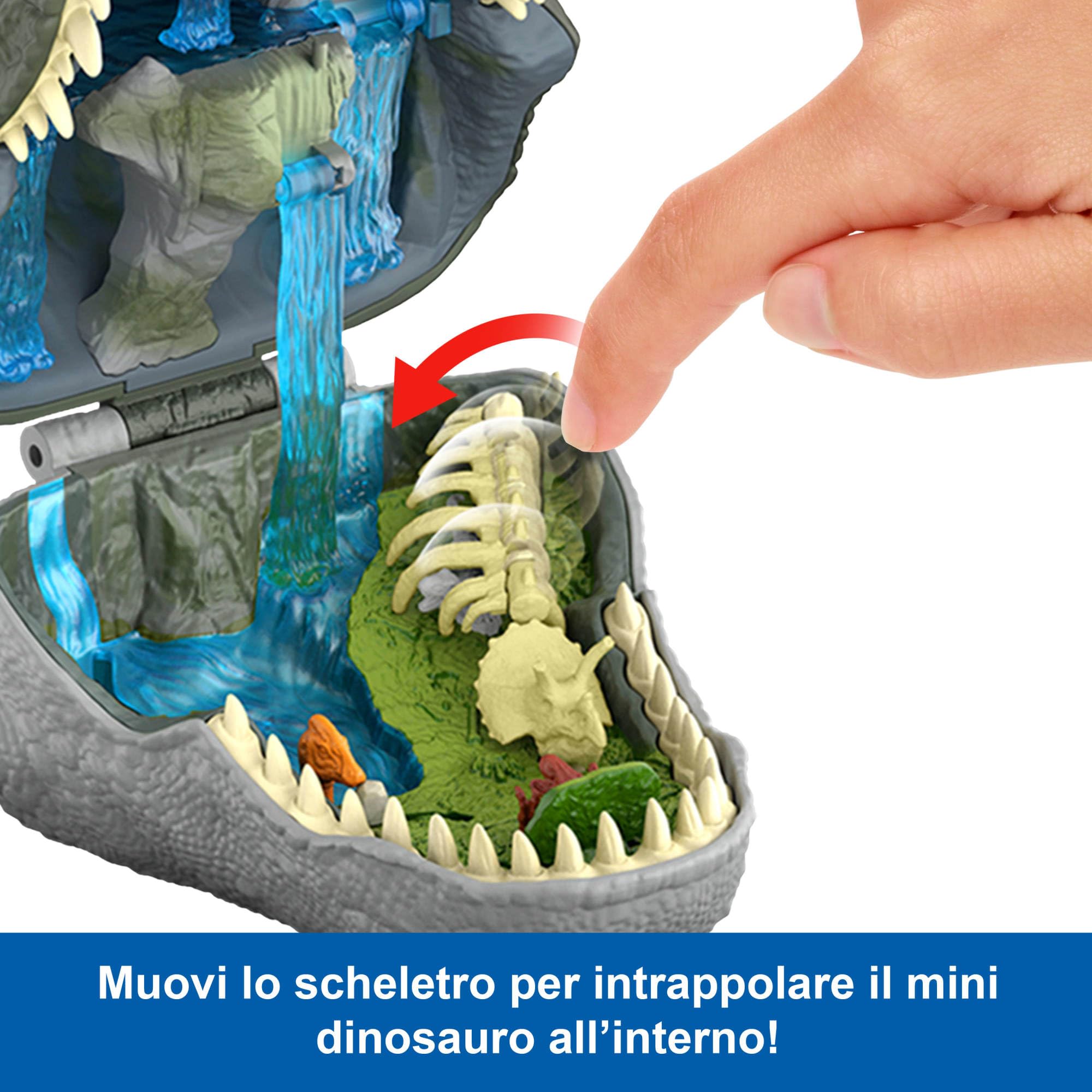 Mattel Jurassic World La Rinascita Micro Avventure, playset con testa di T-Rex che si apre con 4 funzionalità interattive, 3 micro personaggi, T-Rex giocattolo, JGB97