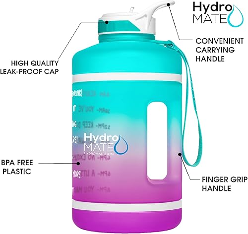Vista 2 de HydroMATE - Botella de agua motivacional con pajita y asa con marcador de horarios, tamaño grande, medio galón (64 onzas) de capacidad