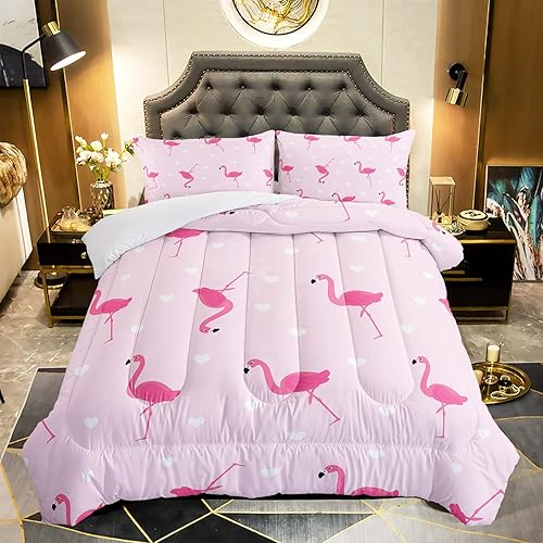 Juego de edredón de flamenco, tamaño individual, diseño de corazón de flamenco, rosa tropical, juego de ropa de cama acolchado Kawaii para niños,
