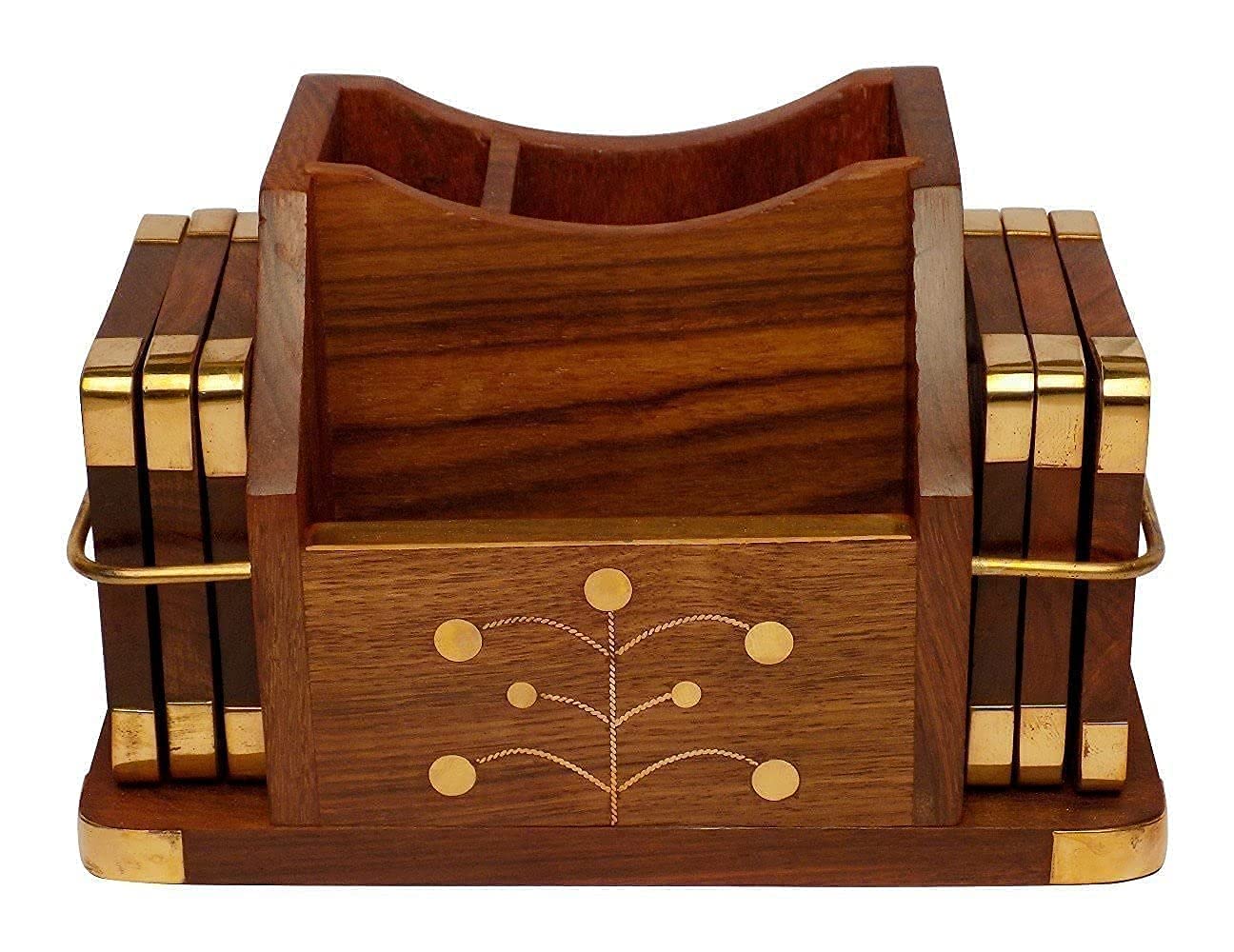 RusticAura Wooden Coaster Set with Tissue and Spoon Holder, Brass Inlay Design, Brown Natural Wood Finish-image-24