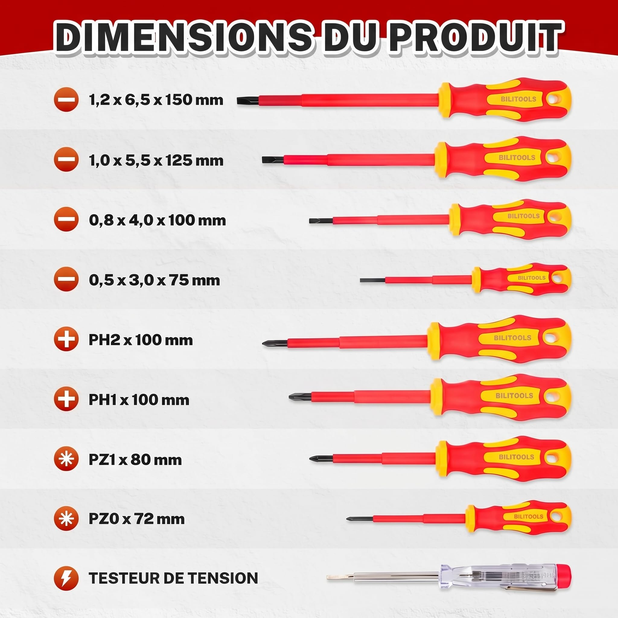 BILITOOLS Tournevis Electricien 9 Pièces Coffret de Tournevis Isolés 1000V VDE/GS avec Testeur de Tension – Outillage Électrique Professionnel avec 8 Embouts Magnétiques