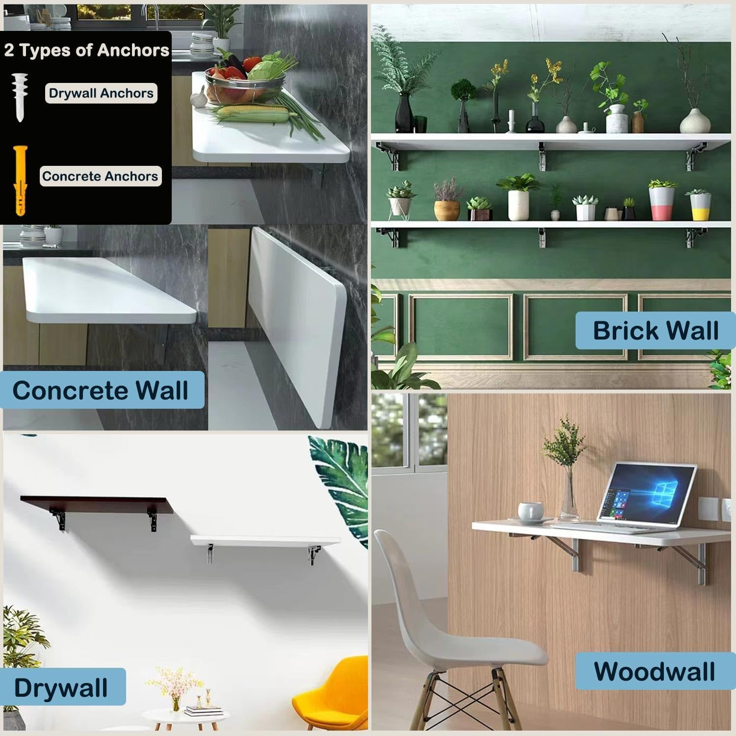 4 Pcs Folding Shelf Brackets, 14 Inch Shelf Brackets Heavy Duty Collapsible Triangle Stainless Steel L Brackets for Wood Shelves, Max. Load 450 lb, DIY Wall Mounted Space Saving for Bench Table, Black