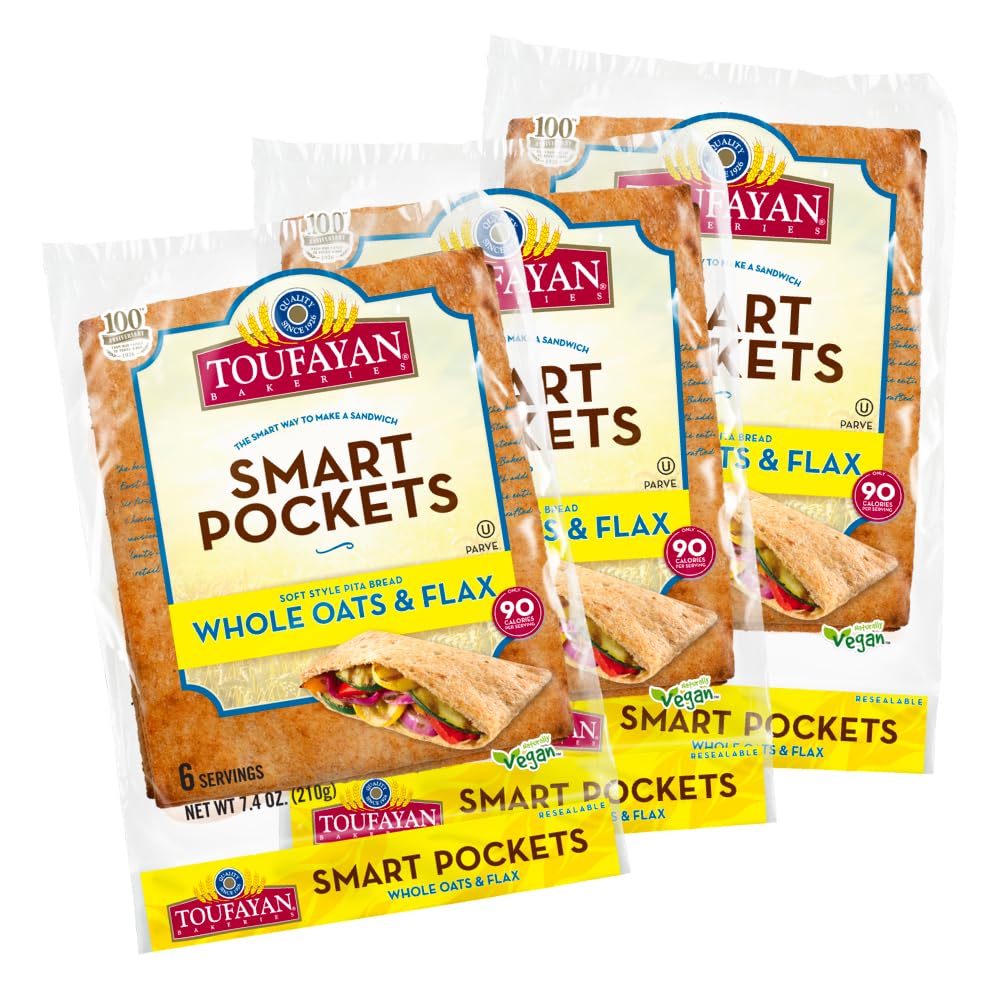 Toufayan Whole Oats & Flax Smart Pockets – Pre-Cut & Scored Sandwich Pita Pockets | Soft, Convenient Pocket Flatbread | 3 Packs (18 Pitas Total)