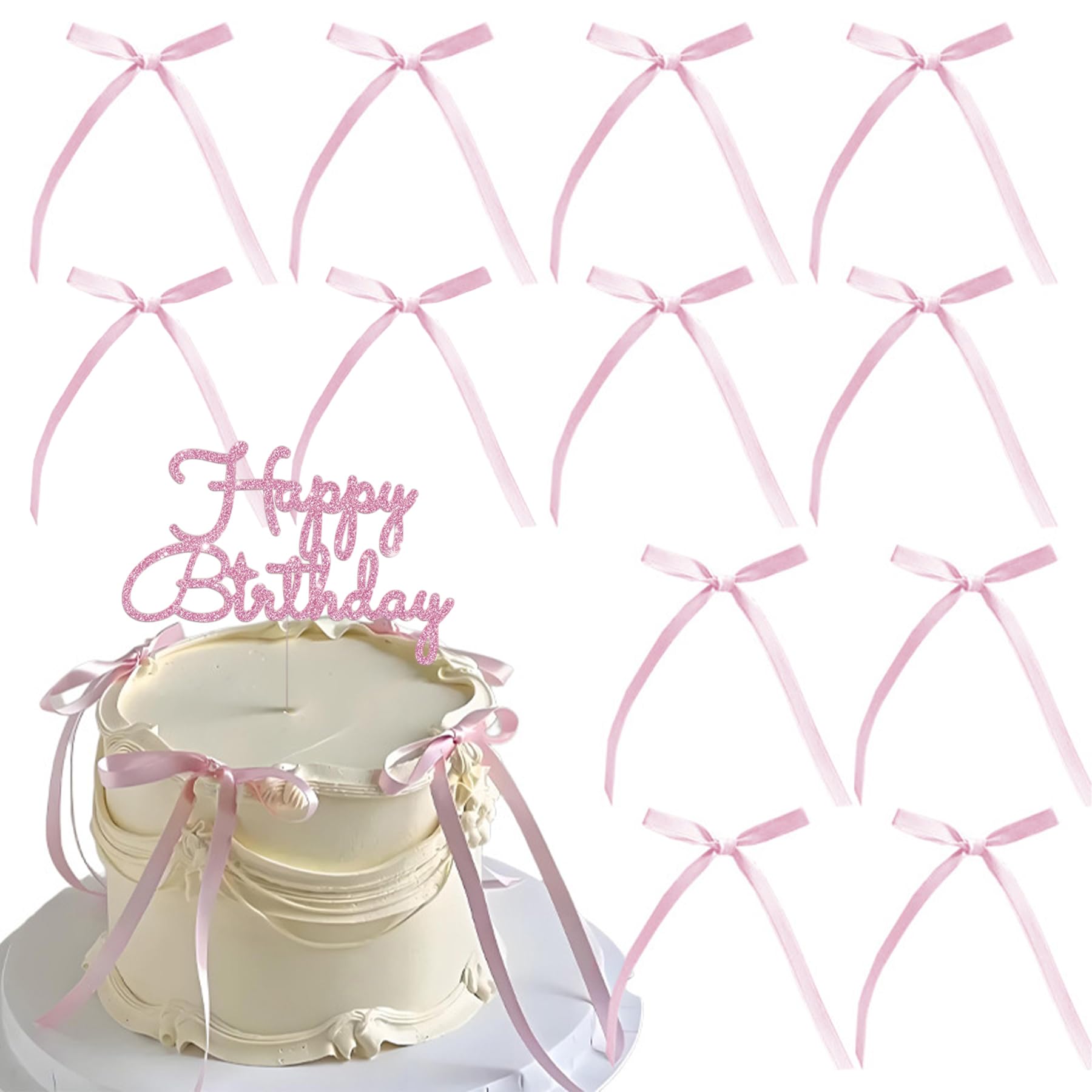 Bow Cake Toppers - Pink Bow Cake Topper, Pink Bowknot Ribbons, Pinks Birthday Cake Topper, 20pcs Pinks Cake Decorations for Birthday Bachelorette Wedding Party Anniversary, with Happy Birthday Sign