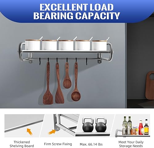 Miniatura 6 de Estante para horno de microondas de acero inoxidable con 6 ganchos, organizador de cocina, soporte de almacenamiento, montado en la pared, se adapta