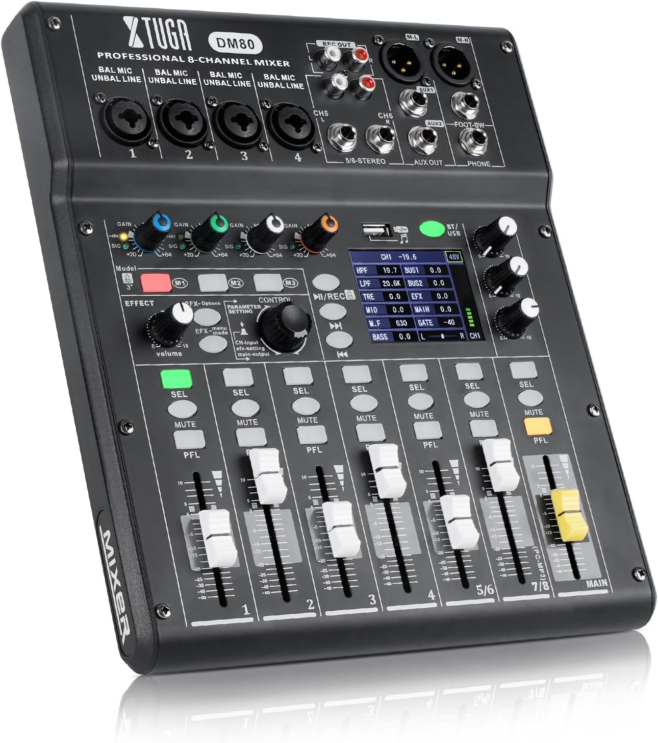 XTUGA 8 Channel Digital Mixer, Multitrack Recorder with USB Interface, Computer Recording Mixing Board for Streaming, Live & Recording Home Studio (DM80)