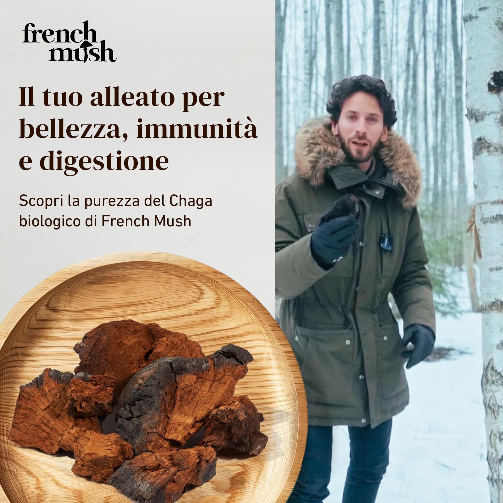 French Mush Funghi Chaga Bio Capsule 8000 mg - Superalimento Antiossidante - Complesso di Funghi Chaga Ricco di Vitamine B, D e K - Fungo Adattogeno - Testato in Laboratorio (56 capsule)