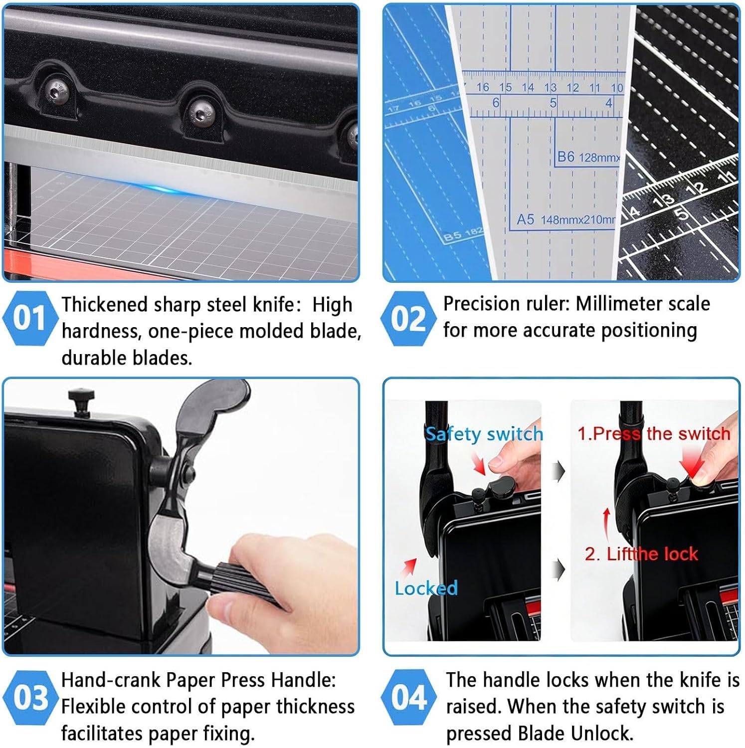 Robuster Papierschneider, 400 Blatt, A3, A4, manueller Trimmer mit automatischer Klemme, Klingenverriegelung und Sicherheitsschutz, zum Schneiden von Papier, Leder, PVC-Gewebe