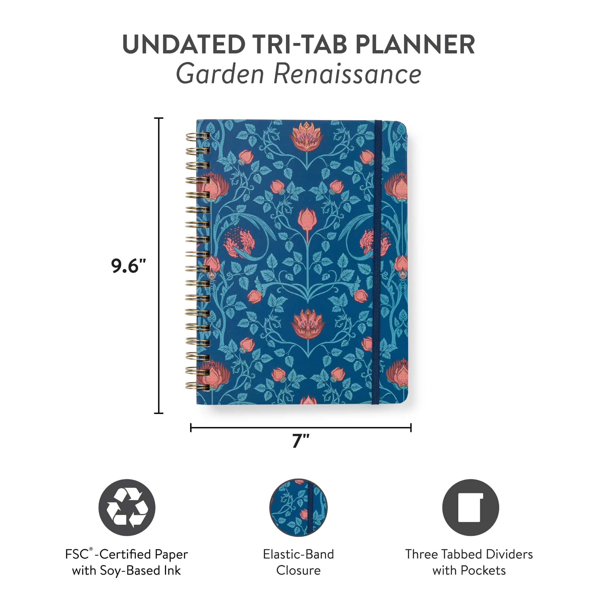 Orange Circle Studio Undatierter Tri-Tab-Planer, Garten-Renaissance-Wochen- und Monatsplaner, Tagebuch, 17,8 x 24,9 cm, Spiralnotizbuch mit Aufklebern, Taschen, Gummibandverschluss und linierten